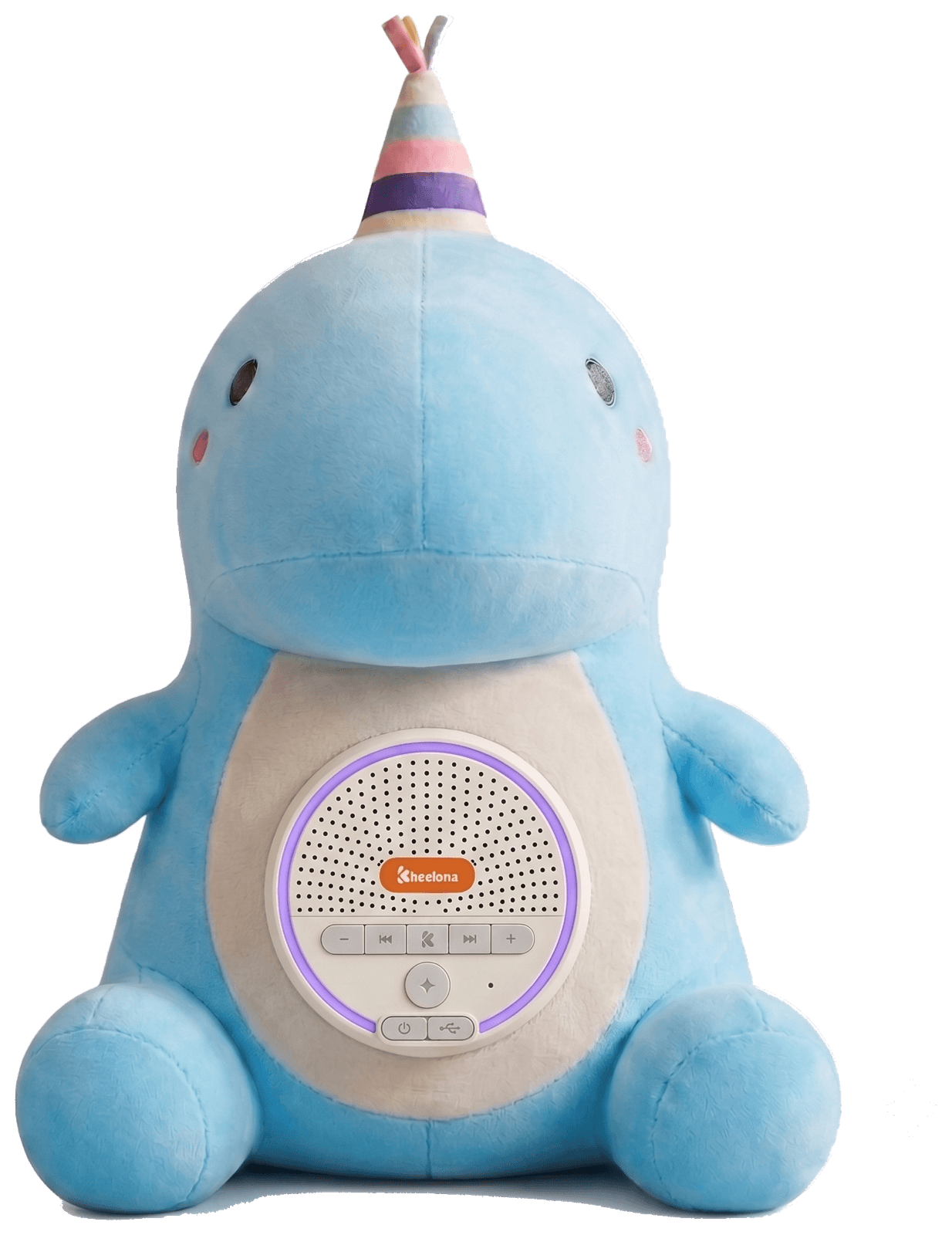 Lumi, the sky blue talking plush with a speaker in its tummy and a striped party hat